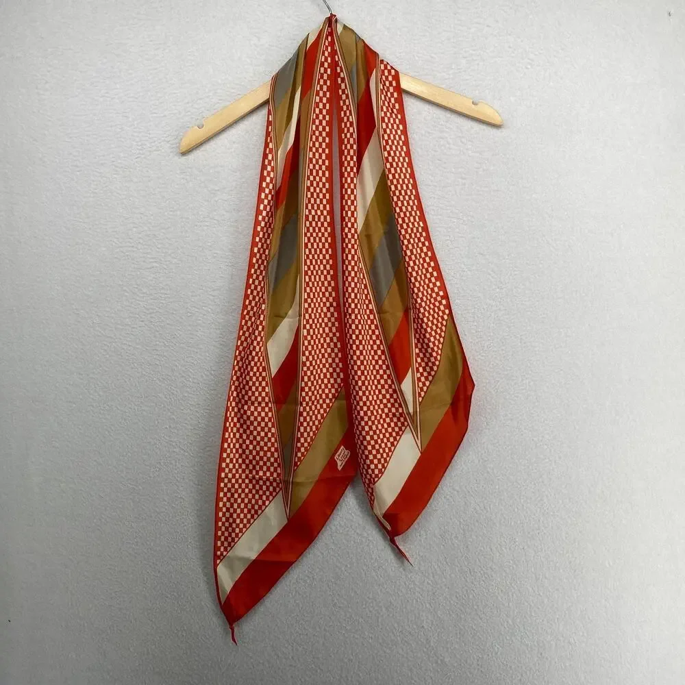 LIBERTY OF LONDON Scarf Silk Crepe de Chine Striped Check Orange England VTG